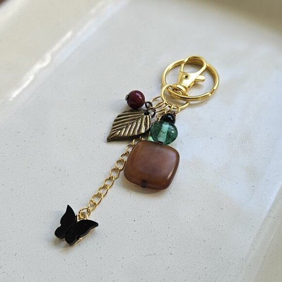 Brown Stone Beaded Keychain with Gold Leaf and Black Butterfly Charms - Picture 6 of 7